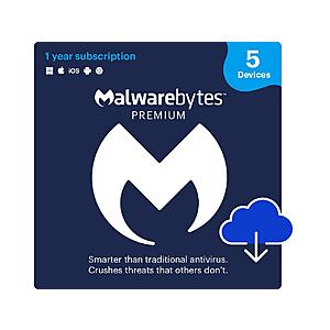 Malwarebytes Premium Antivirus/Internet Security Software (1-Year/5 Devices) $25 (Digital Delivery)