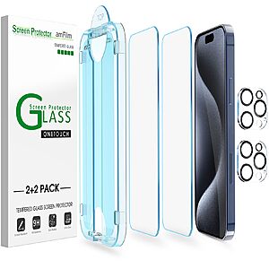 2-Pack amFilm OneTouch iPhone 15/14/13/12/11 Tempered Glass Screen Protector from $4.19 + Free Shipping w/ Prime or orders $35+