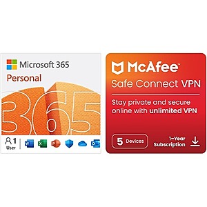 Microsoft 365 Personal 12 Month Auto-Renewal + McAfee Safe Connect VPN Software (Digital Download) $35