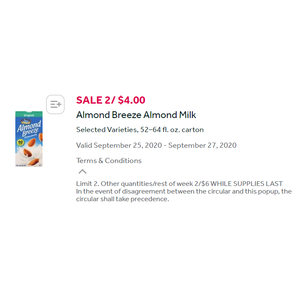 Blue Diamond Almond Breeze Almond Milk 64 oz on sale for $2 at Stop and Shop