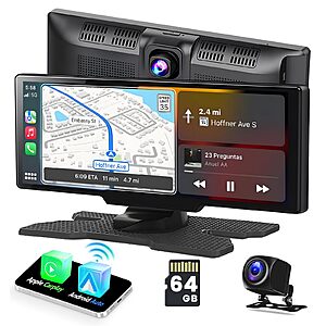 Hikity Wireless Carplay Android Auto Portable Car Stereo, 10.26 Inch HD Car Play Screen with 2.5K Dash Cam, 1080P Backup Cam, 64G TF Card $33.99 AC on Amazon