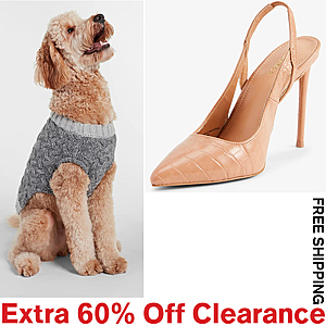 Express.com Extra 60% Off Clearance + FS (no min): Cable Knit Dog Sweater $12, Women's C/roc-Embossed Slingback $16, Men's Slim Stretch Shirt $14, Jeans $24