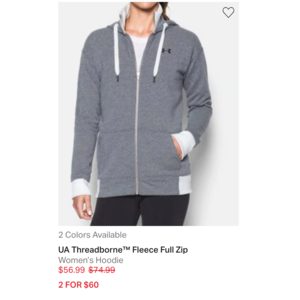 Under Armour Outlet: 20% OFF $100+ Coupon + Women's Mileage or Theadborne Hoodies: 2 For $60 | Men's UA Golf Playoff Shirts: 2 for $65 (FS w/ Shoprunner)