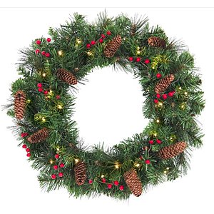 24in Pre-Lit 50 Light Spruce Christmas Wreath w/ Pine Cones, Berries $29.99 AC - BCP +Free Shipping