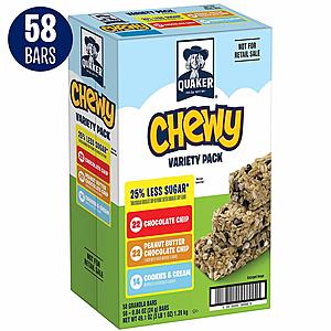 58-Count Quaker Chewy 25% Less Sugar Granola Bars (Variety Pack) $6.90 5% or $5.92 15% AC w/s&s