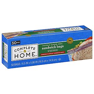Complete Home Food Storage Bags (50-Ct Sandwich, 20-Ct 1-Gallon & More) 3 for $2.50 + Free Store Pickup ($10 Minimum Order)