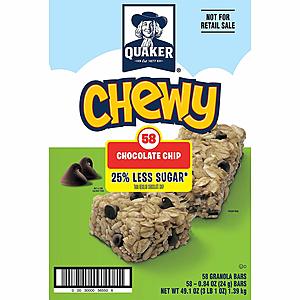 Quaker Chewy Granola Bars, 25% Less Sugar, Chocolate Chip, (58 Pack) $4.58 with s/s