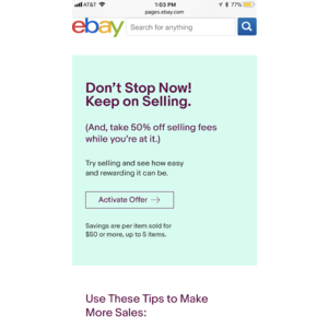 YMMV:  eBay Sellers - 50% off final value fees on up to 5 items sold for $50 or more