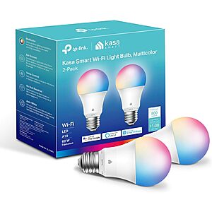 $13: Kasa Smart Light Bulbs, Full Color Changing Dimmable Smart WiFi Bulbs, A19, 60 W, 800 Lumens, 2.4Ghz only, 2-Pack (KL125P2)