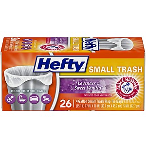 26-Count 4-Gallon Hefty Flap Tie Small Garbage Bags (Lavender & Sweet Vanilla Scent) $3.47 w/ S&S + Free Shipping w/ Prime or on $35+