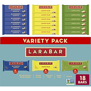 18-Ct LARABAR Variety Pack (Blueberry Muffin, Lemon Bar, Apple Pie, Fruit & Nut Bars) $11.08 w/ S&S (40% off coupon) for Prime Members YMMV
