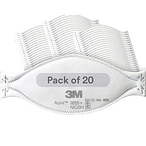 3M Aura Particulate Respirator 9205+, N95, Pack of 20 Disposable Respirators - Amazon - $24.81 + FS w/Prime
