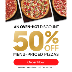 Pizza Hut: Extra Savings on Menu-Priced Pizza 50% Off (Online Only, Valid thru 03/24/19)