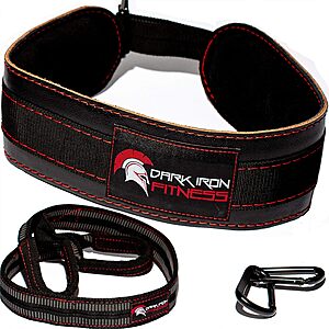 Dark Iron Fitness Dip Belt – Padded Leather Weight Lifting Belts w/ 40 Inch Strap for Squats & Pull Ups $9.99 at Andromache via Amazon