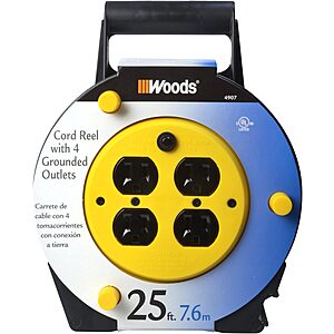 25' Woods Extension Cord Reel w/ 4-Outlets 16/3 SJTW & 12A Circuit Breaker $14.95