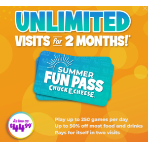 Chuck E. Cheese 2-Month Summer Fun Pass: 40 Games per Day + 20% Off Food for $45 & More