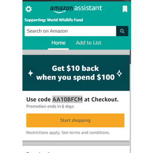 Select Accounts: Amazon Browser Assistant Offer: Spend $100, Get $10 Promo Credit $100
