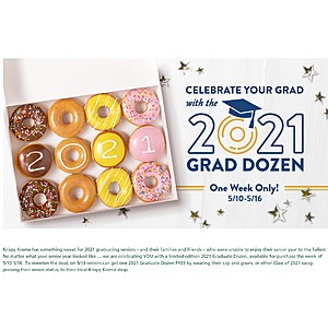 2021 Graduating High School or College Seniors: FREE 1-Dozen Krispy Kreme Doughnuts only on 5/13/21