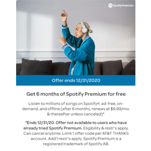 ATT Thanks Customers: Free 6-Mon Spotify Premium and Free 2- Mon Daily Burn ( For new Spotify Premium subscribers only and New Daily Burn subscribers only )