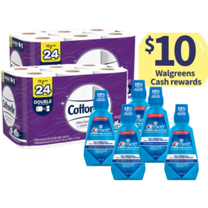 24-Ct Cottonelle Double Roll Toilet Paper + 5-Ct 33.8-Oz Crest Mouthwash + $10 in Walgreens Rewards $22.34 + free pickup