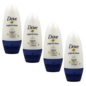 Dove Original Clean Roll On Deodorant, Aluminum Free, All Day Odor Protection, 4-Pack, 1.7 FL Oz Each, 4 Bottles [Subscribe & Save] $3.26 @ Amazon