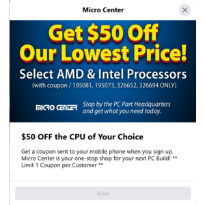 Microcenter Coupon $50 off assorted AMD Ryzen and Intel processors. i7-12700k $299, i9-12900k $449, 5600x $159 5800x $249