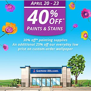Sherwin Williams Stores: All Paint & Stains 40% Off & More (Valid 4/20 - 4/23)