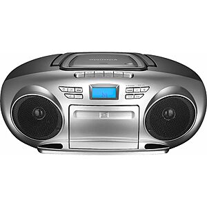Insignia™ - AM/FM Radio Portable CD Boombox with Bluetooth and Cassette Player - Silver/Black $39.99