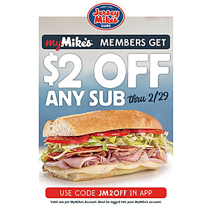 My Mike's members $2 off on any Sub