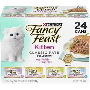 Purina Fancy Feast Grain Free Pate Wet Kitten Food Variety Pack - 4 Flavors - (24) 3 oz. Boxes x 5 = $72.65