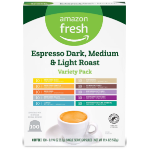 Amazon Fresh Espresso Dark, Medium & Light Roast Aluminum Capsules Nespresso Original pods, Variety Pack, 100 Count $18.11 Amazon S&S YMMV
