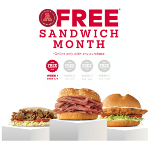Arby's FREE sandwich w/ purchase every week in April.
