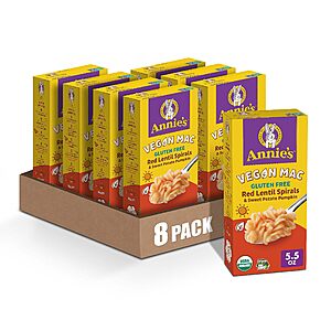 $15.58 w/ S&S: Annie's Organic Vegan Mac, Red Lentil Spiral with Sweet Potato Pumpkin Sauce, Gluten Free, 5.5 oz. (Pack of 8)