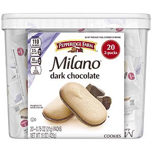 20-Count Pepperidge Farm Milano Cookie Tub (Dark Chocolate) $7.74 ($0.38/pack) w/ S&S + Free Shipping w/ Prime or on $35+