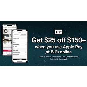 BJ’s Online or App - Save $25 on $150 purchase when using Apple Pay (exp 12/15/21) - $0