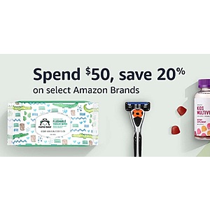 Amazon Prime Members Offer: Stock Up & Save on Select Amazon Basics/Brands: Save 20% Off on $50+ Purchase via Amazon