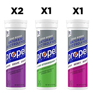40-Count Propel Fitness Water Zero Sugar Electrolyte Tablets (Grape, Kiwi Strawberry & Berry) $12.34 w/ S&S + Free Shipping w/ Prime or on $35+
