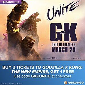 Fandango: Buy 2 Tickets for Godzilla x Kong: The New Empire, Get 1 Free (up to $15 off)
