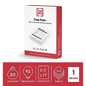 500-Sheet Tru Red 8.5"x11" Copy Paper Ream (20 Lbs./92 Brightness) $5 or Less ($3 w/ AutoRestock Option) + Free S/H