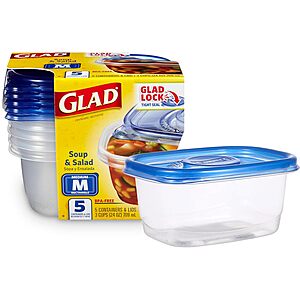 5-Pack 24-Oz GladWare Rectangle Soup & Salad Food Storage Containers (Medium) $3.41 + Free Shipping w/ Prime or on $35+