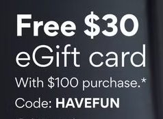 Chewy, free $30 gift card with purchase of $100 of select items, code HAVEFUN