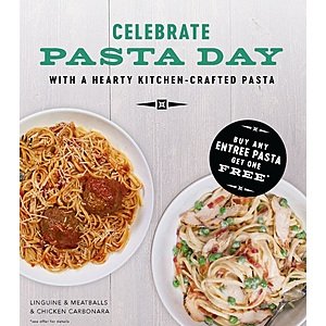 Corner Bakery Restaurant: Printable Coupon for Buy Any Entree Pasta, Get One Free (Valid 10/17 Only)