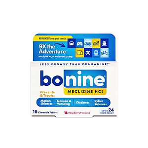 16-Count Bonine Non-Drowsy Motion Sickness Relief Chewable Tablets (Raspberry Flavor) $3.86 w/ S&S + Free Shipping w/ Prime or on $35+
