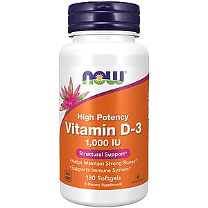 180-Count NOW Supplements 1000-IU Vitamin D-3 Structural Support Softgels $3.47 w/ S&S + Free Shipping w/ Prime or on $35+