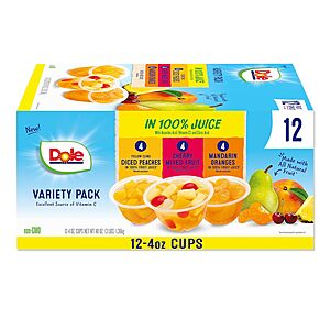 12-Pack 4-Oz Dole Fruit Bowls in 100% Juice Variety Pack Snacks $4.95 w/ S&S + Free Shipping w/ Prime or on $35+