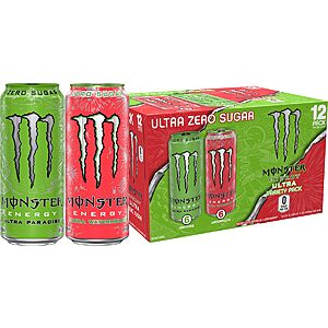 12-Pack 16-Oz Monster Ultra Zero Sugar Energy Drink (6x Paradise + 6x Watermelon) $15.99 + Free Shipping w/ Prime or on $35+