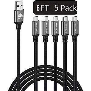 5-Pack USB Type-C Cable 6ft Fast Charging 3A Rapid Charger Quick Cord $6.59